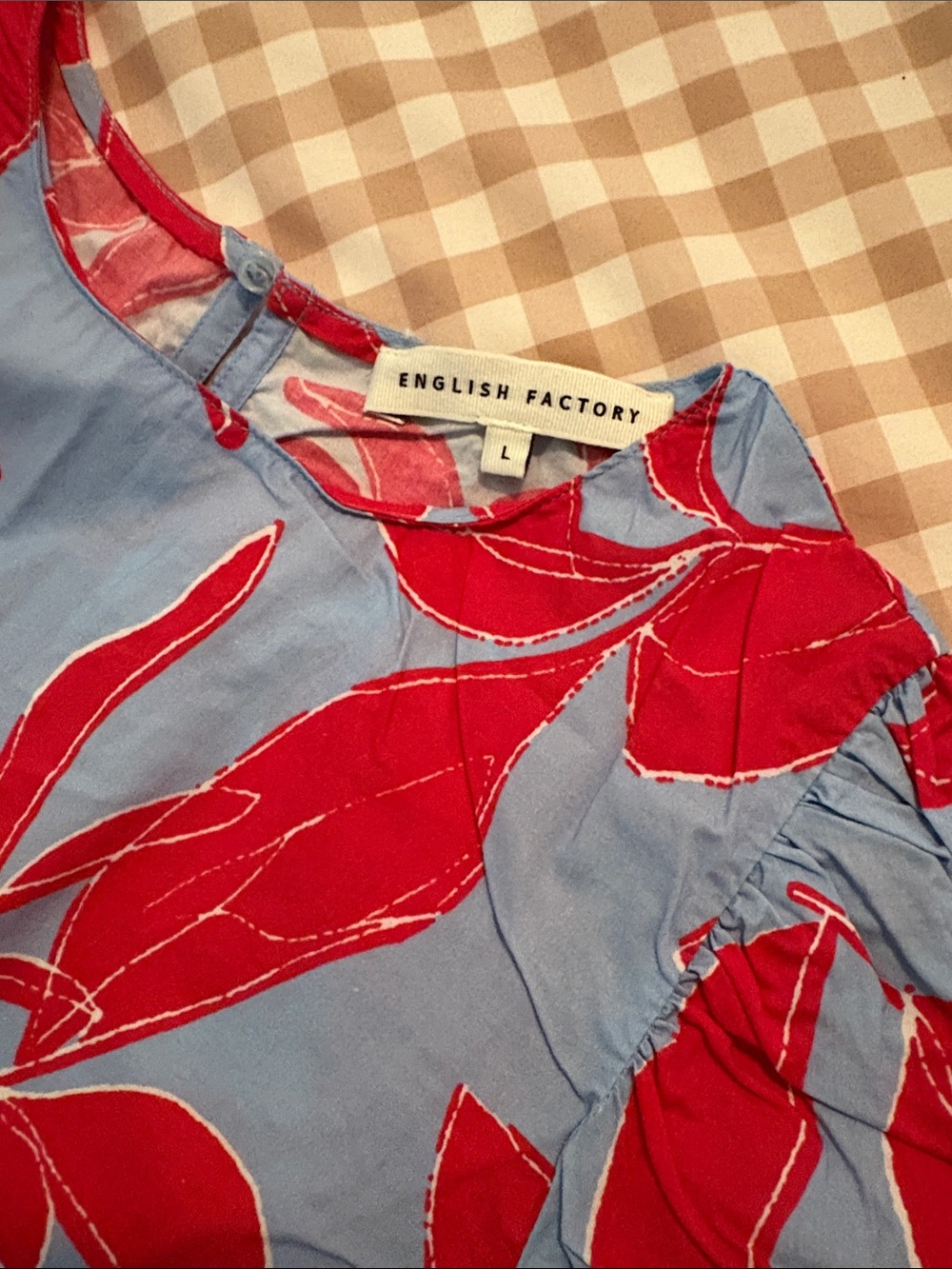 English Factory Sky Blue Top with Red Floral Print